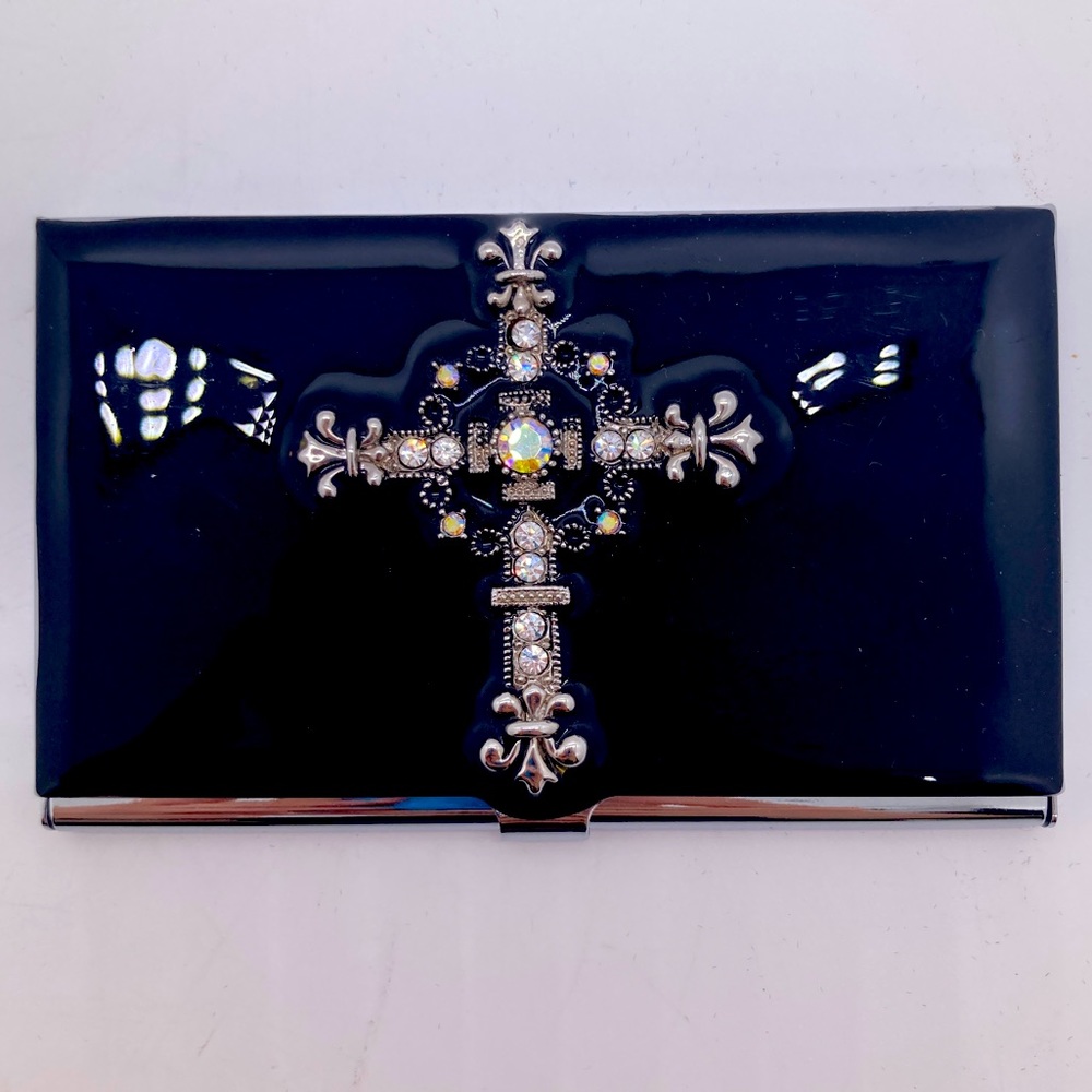 Silver Tone Metal Card Case Cross Detail with Rhinestones & Black Enamel